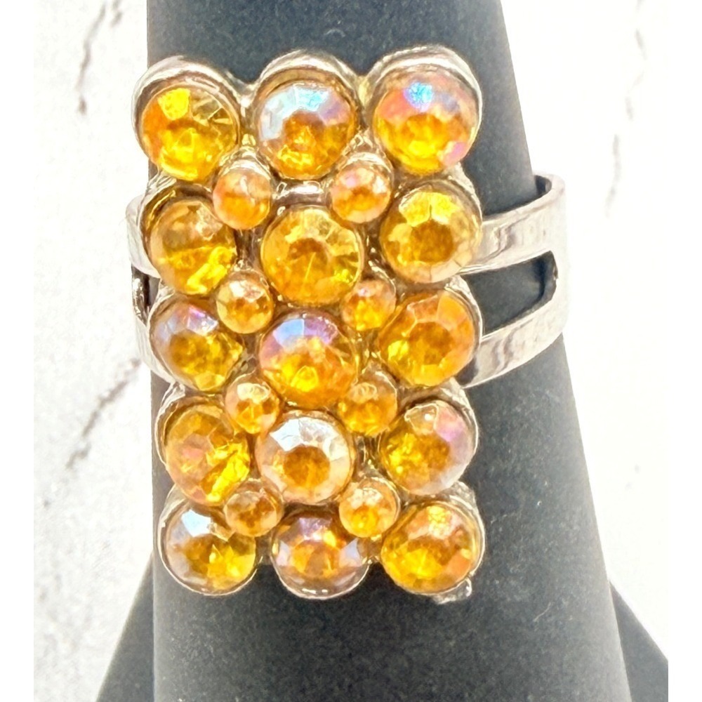 Orange Cluster Statement Ring‎ Silver Tone Adjustable Size 5.5–5.75